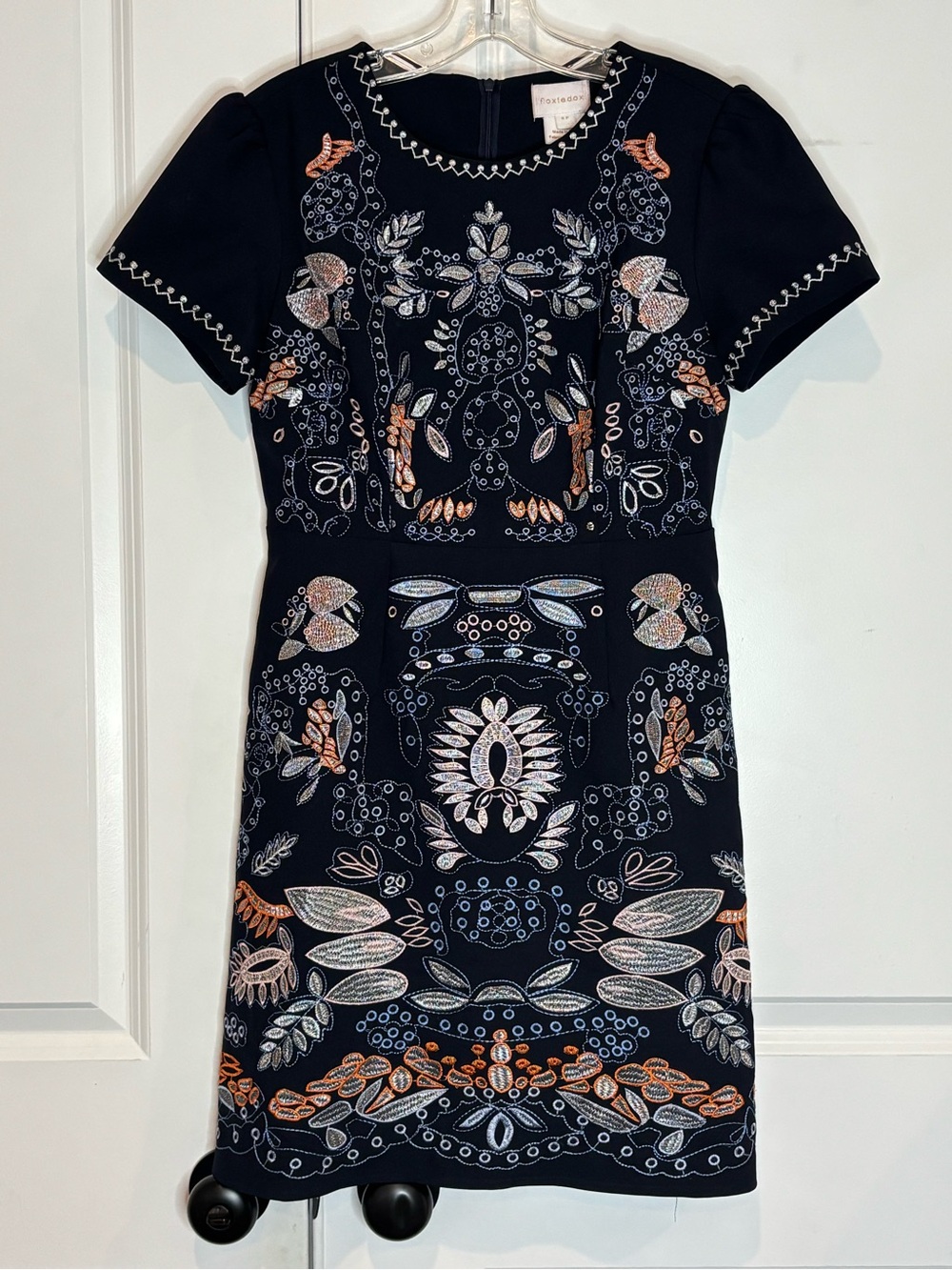 Anthropologie Foxiedox Navy Blue Embroidered Short Sleeve Dress S Petite